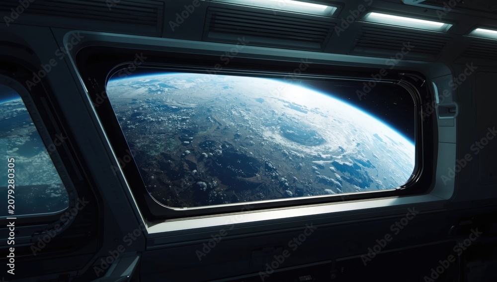 Naklejka premium Sleek spaceship cabin featuring Earth landscape through main window