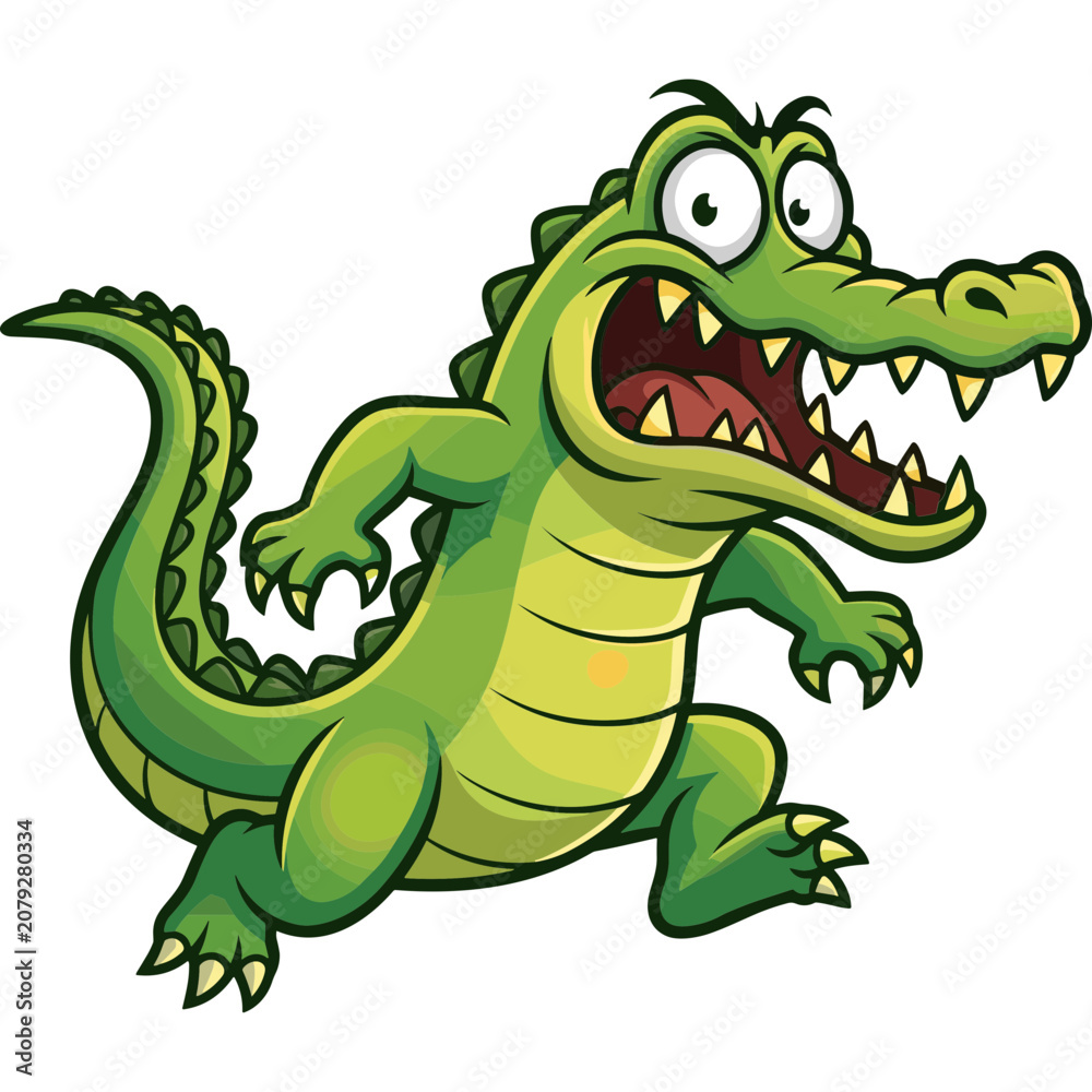 Fototapeta premium An angry cartoon crocodile runs quickly on land with sharp teeth.