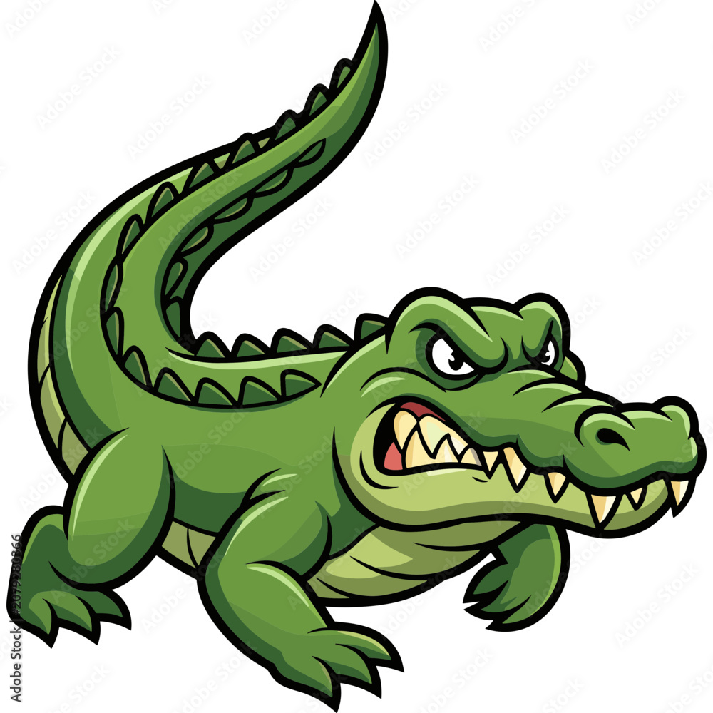Obraz premium An angry green cartoon alligator is shown in profile view outdoors