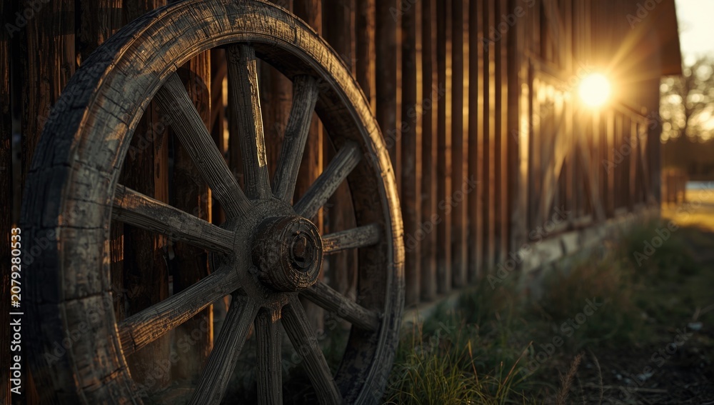 Fototapeta premium Weathered wooden wheel beside barn illuminated by bright sunlight and text area