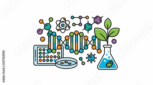 Colorful scientific illustration of laboratory equipment and organic compounds