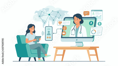 A woman speaks to a doctor on a computer screen while sitting in a chair