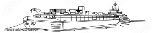 Inland Waterway Barge and Pusher Tug Vector for River Cargo Transport and Logistics Vessel Technical Drawing for Civil Engineering and Marine Transport Infrastructure Planning