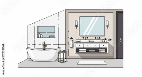 A modern stylish bathroom with a freestanding tub double vanity and a dark gray door