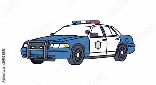 A stylized cartoon police car with blue and white panels siren lights and a bull bar