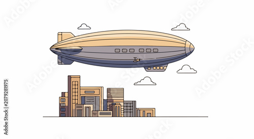 A retro airship floats serenely above a stylized cityscape with fluffy clouds