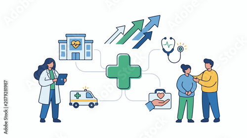 A medical professional and two patients with healthcare symbols