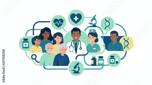 A diverse group of people with a doctor and nurse surrounded by medical symbols