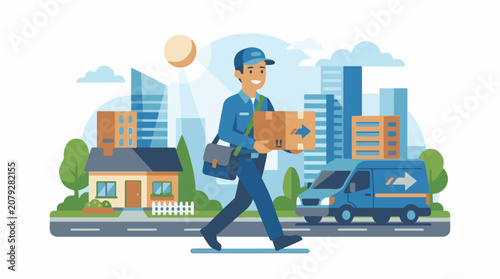 A delivery man walking down the street with a cardboard box