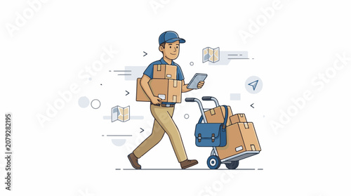 A delivery man in a blue uniform walking with a cart full of boxes