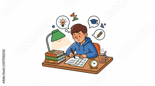 A boy studies at a desk with books lamp and mug
