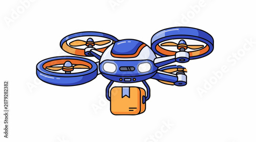 A blue orange and white drone with four rotors