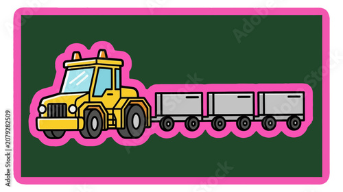 Industrial vector illustration of a heavy duty utility tractor pulling multiple cargo trailers for agricultural transport and industrial haulage in logistics and field operation management