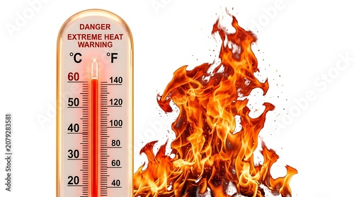 Extreme heat warning thermometer flames rising.