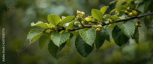 Shagbark hickory branch displaying fresh compound leaves developing from bud formations in spring