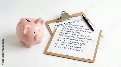 Piggy bank and financial planning clipboard.
