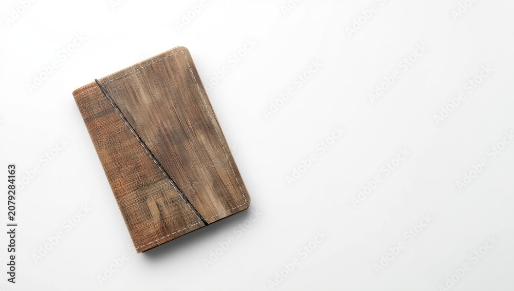 Fototapeta premium Overhead perspective of recycled stitched cover notebook on plain white background