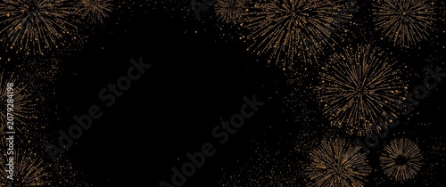 Sophisticated golden fireworks border design over black backdrop with message space