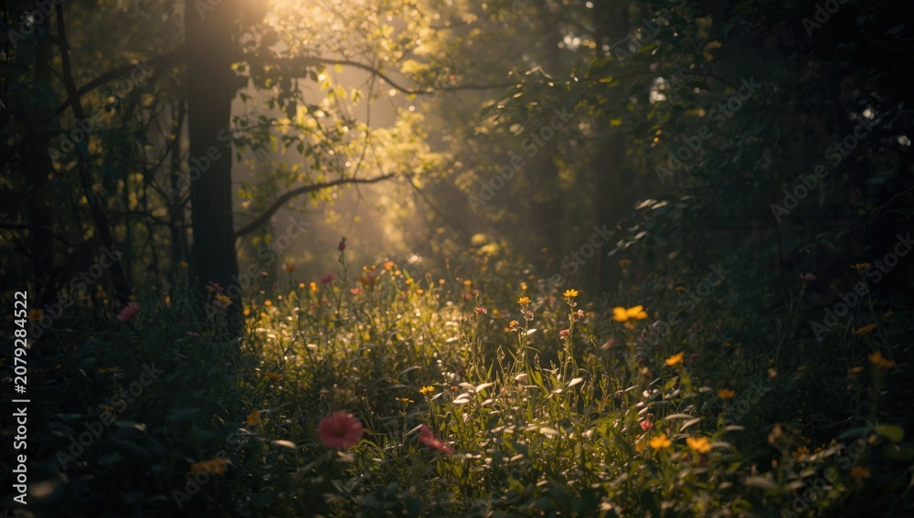Fototapeta premium Sunlight spots and soft shadows overlaying a peaceful summer natural scene
