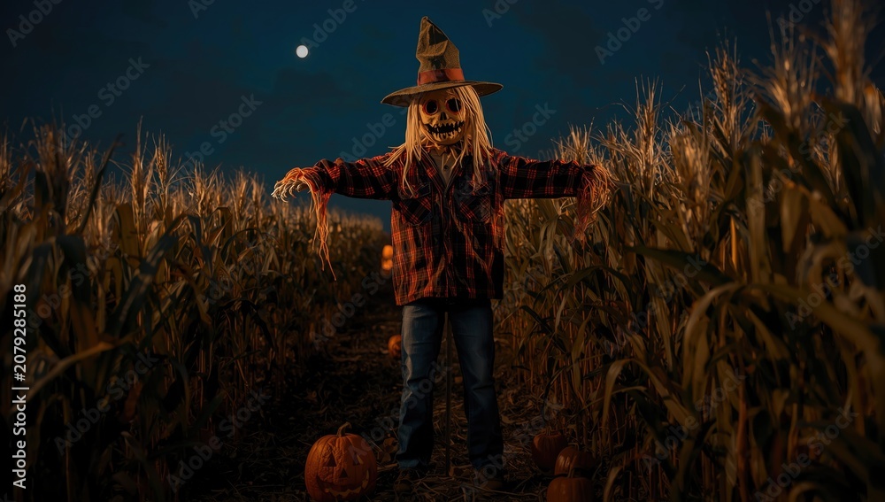 Fototapeta premium Scarecrow standing in a cornfield at night