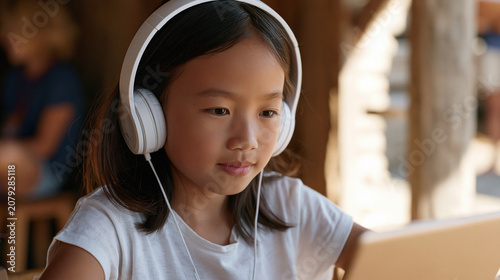 Vietnamese girl seated at a table of a community coding workshop, headphones on, dragging logic blocks across a tablet screen, shallow depth focus isolates her expression of