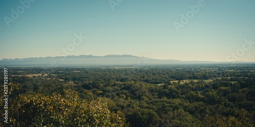sprawling green terrain with mature trees and distant mountain peaks