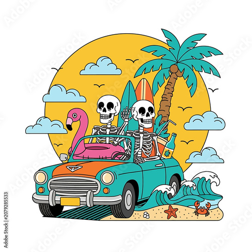 Skeletons Riding in Convertible Car.