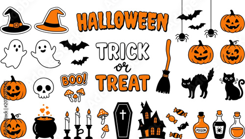 Tableau sur toile Halloween trick or treat icons and symbols for party decoration and design  vari