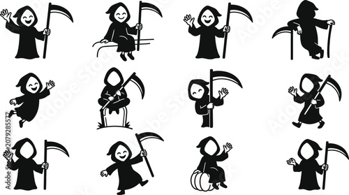 Foto black and white illustrations of grim reaper in various poses with scythe  death
