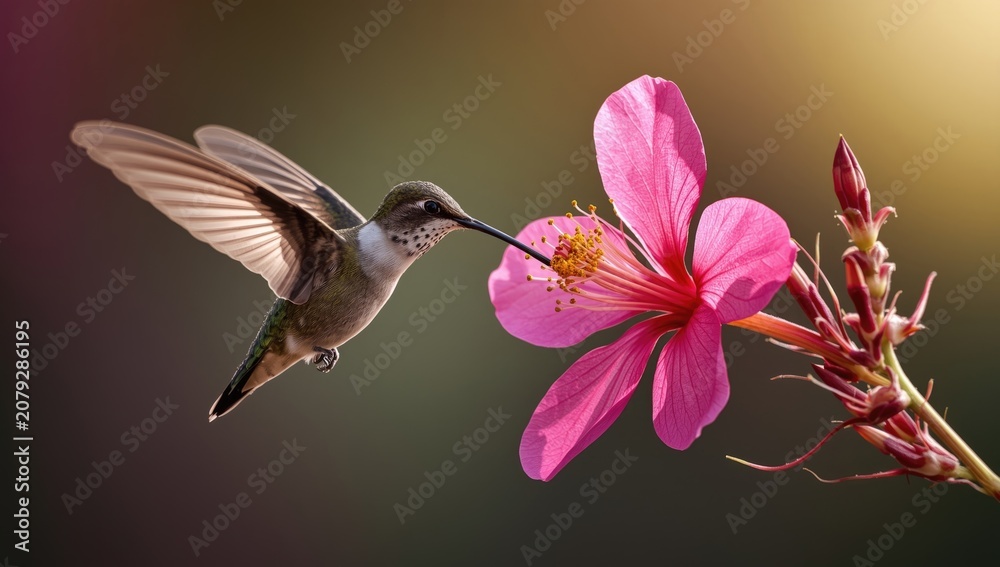 Fototapeta premium Sweet hummingbird hovering to drink nectar from a vibrant pink blossom