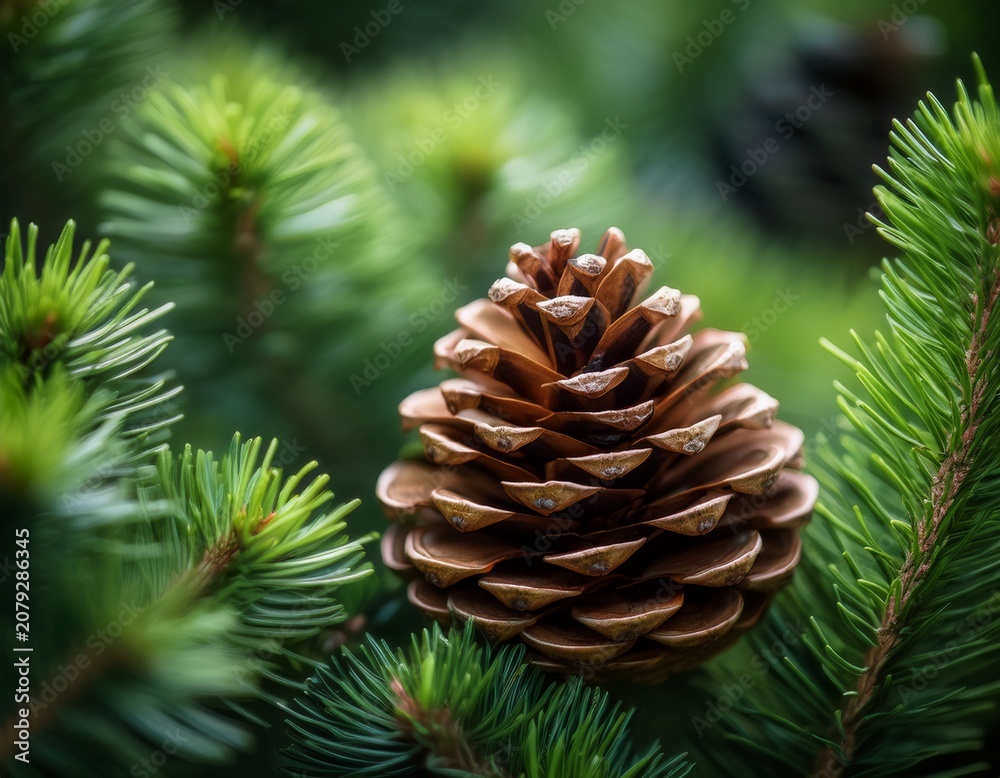 Fototapeta premium a macro shot of a pinecone nestled among verdant evergreen branches highlighting nature s intricate details and the beauty of the natural world during the season