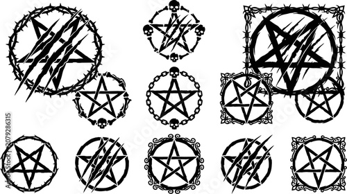 Obraz na płótnie set of black pentagram and pentacles with different shapes and designs on white