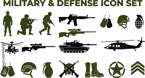 Foto Military and defense icon set with soldiers weapons vehicles and equipment on wh