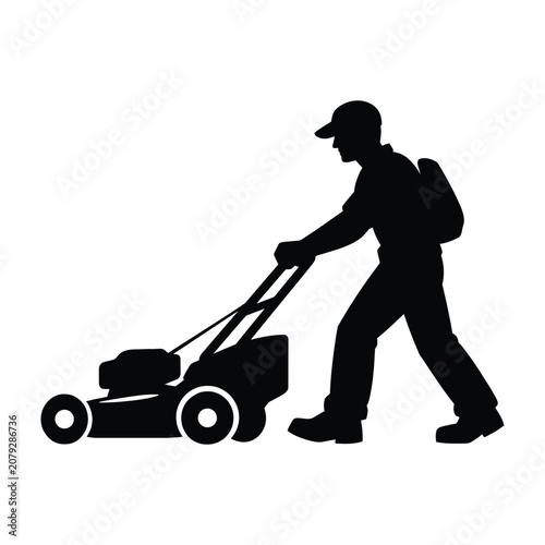 Silhouette of a person wearing a cap and pushing a lawn mower across a white background symbolizing yard work and maintenance tasks
