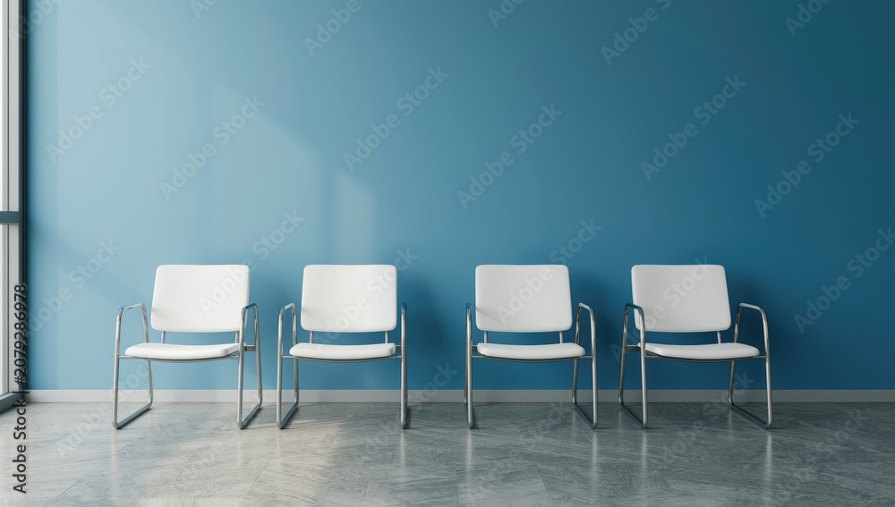 Fototapeta premium Minimal waiting lounge with clean white chairs and a saturated blue accent wall