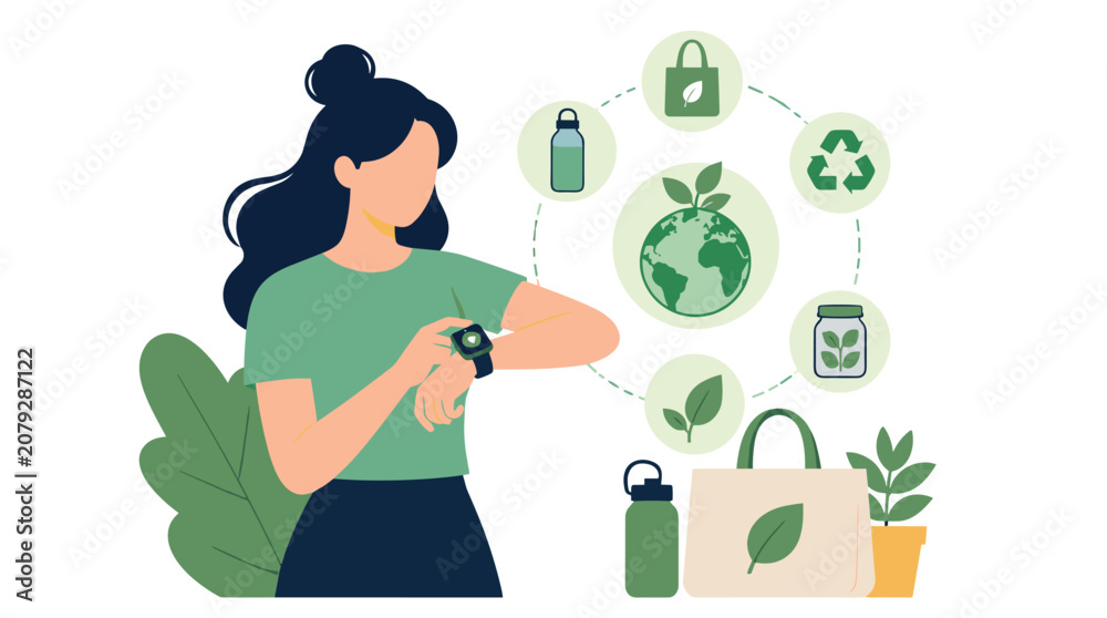 Fototapeta premium Woman Interacting With Eco Icons Representing Sustainability.