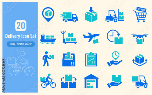 Logistics and Delivery Flat Icon Set Vector, Shipping, Courier Service, Warehouse and Cargo Transportation Icons