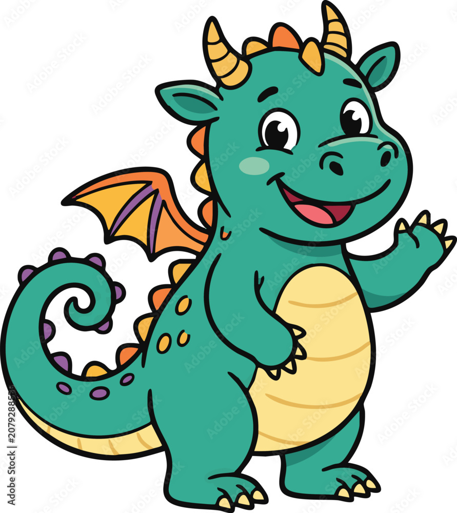 Fototapeta premium Cute cartoon dragon, green smiling creature, fantasy animal, colorful illustration