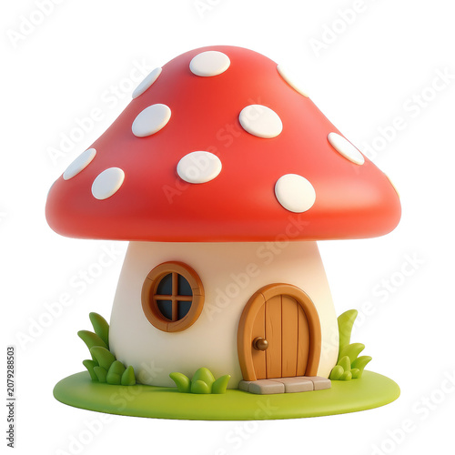 Cute cartoon style mushroom fairy house figurine isolated on white background.