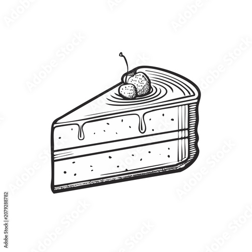 A delicious slice of cake with berries and dripping icing in a sketchy hand drawn style