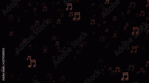 Bronze music note icons float across a black background, creating a looping music particle animation with alpha channel for creative video overlays.
