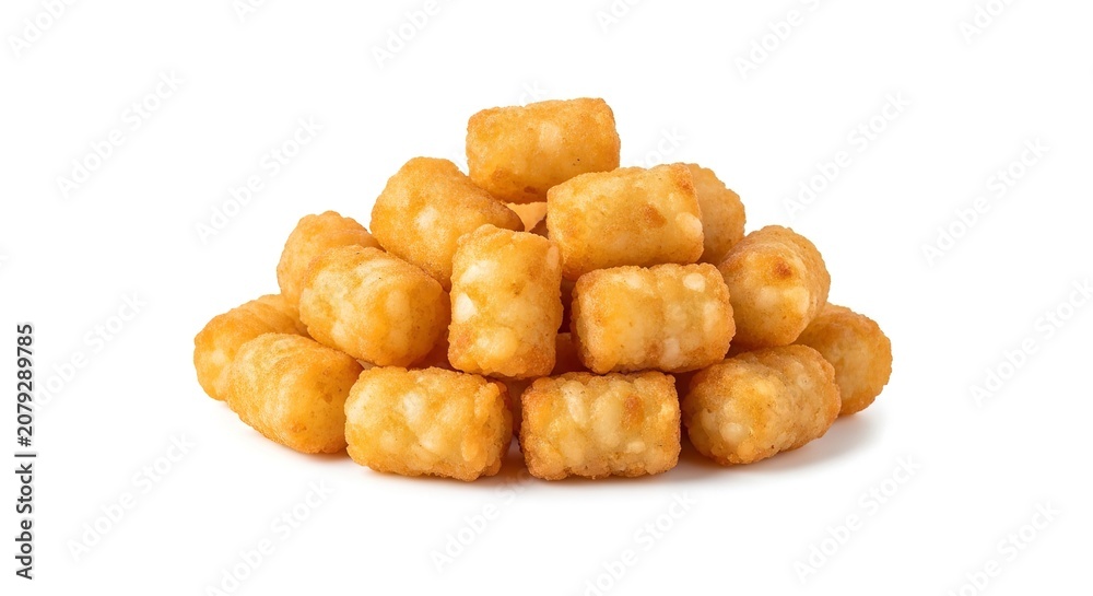 Fototapeta premium Pile of crispy golden fried potato tots arranged in a small heap on white background