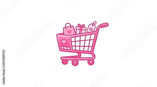 Pink shopping cart with products inside.