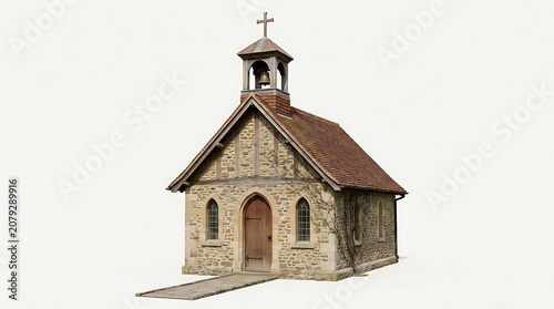 Small stone church with brown roof.