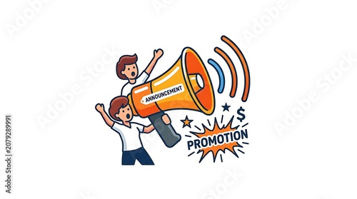 Two men promoting with megaphone loudly.