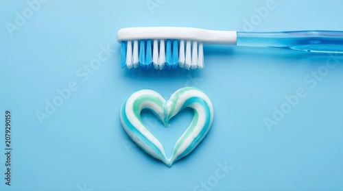 Blue Toothbrush and Heart Shaped Toothpaste on Blue Background dirty teeth