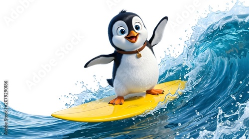 Cute Happy Cartoon Penguin Surfing on Yellow Surfboard Riding Ocean Wave. penguin, surfing, cartoon, bird, surfboard, ocean wave, cute, 3d character,  png, happy penguin