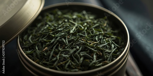 Green tea leaves in a metal tin container