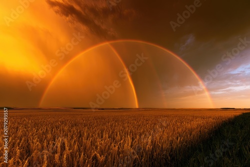 Golden Wheat Field Under a Double Rainbow and Dramatic Sunset Sky.