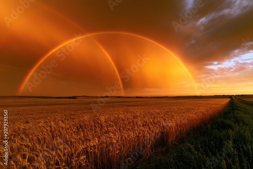 Golden Double Rainbow Over Wheat Field at Sunset.